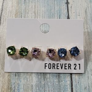 Forever 21 Green, Pink, Blue Glass Crystal Stud Earrings Set.